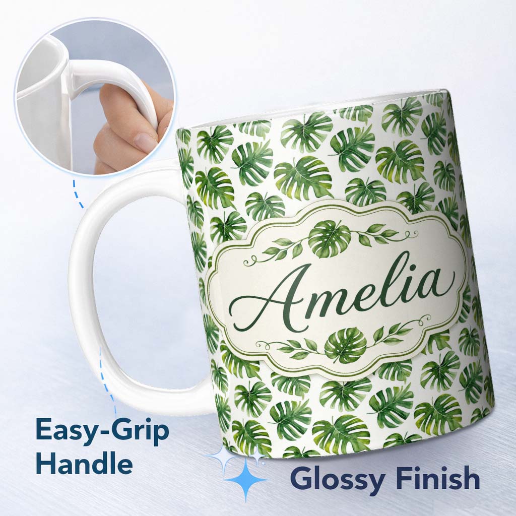 Personalized Custom Name Fresh Green Monstera Leaves Watercolor Style Seamless Pattern Name 11oz Ceramic Coffee Tea Mug White Large Handle