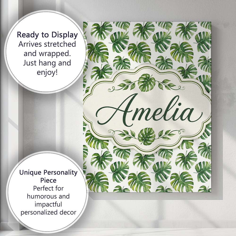 Personalised Name Fresh Green Monstera Custom  Modern Room Accent Elegant Feature Canvas Wall Art Print Decor Picture Ready to Hang