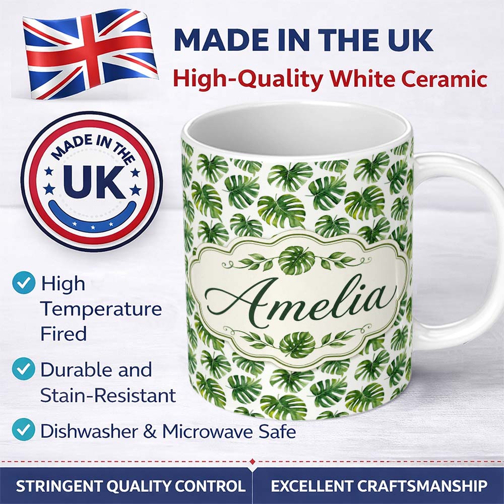 Personalized Custom Name Fresh Green Monstera Leaves Watercolor Style Seamless Pattern Name 11oz Ceramic Coffee Tea Mug White Large Handle