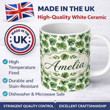 Personalized Custom Name Fresh Green Monstera Leaves Watercolor Style Seamless Pattern Name 11oz Ceramic Coffee Tea Mug White Large Handle