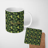 Personalized Custom Name Bold Monstera Leaves on Black Background Tropical Seamless Pattern 11oz Ceramic Coffee Tea Mug White Large Handle