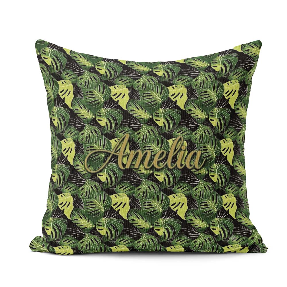 Custom Name Bold Monstera Leaves on Background Tropical Seamless Square Filled Cushion Throw Pillow Sofa Bed Home Decor Zip Washable UK Made