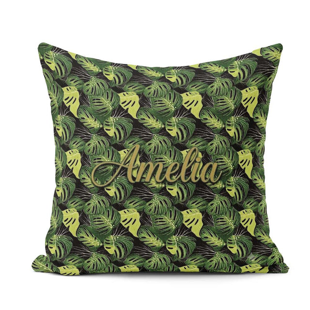 Custom Name Bold Monstera Leaves on Background Tropical Seamless Square Filled Cushion Throw Pillow Sofa Bed Home Decor Zip Washable UK Made