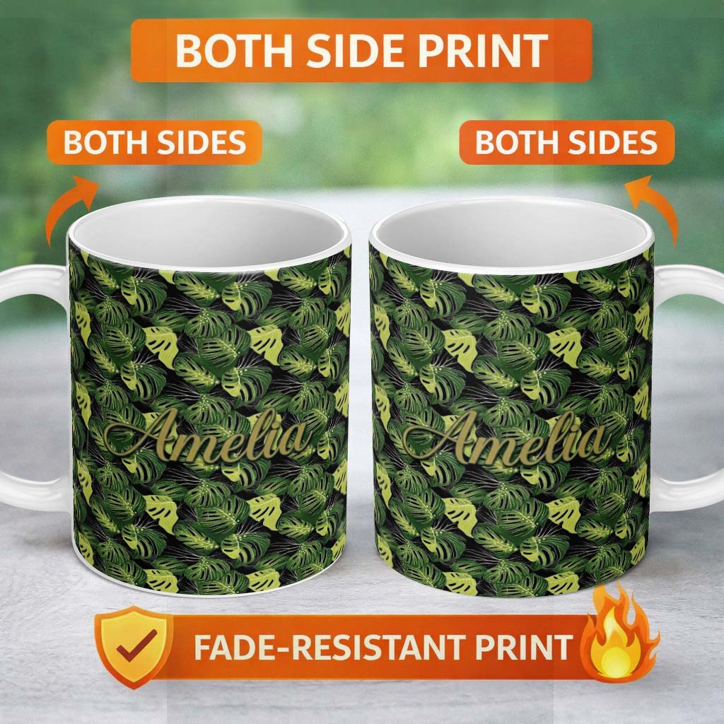 Personalized Custom Name Bold Monstera Leaves on Black Background Tropical Seamless Pattern 11oz Ceramic Coffee Tea Mug White Large Handle