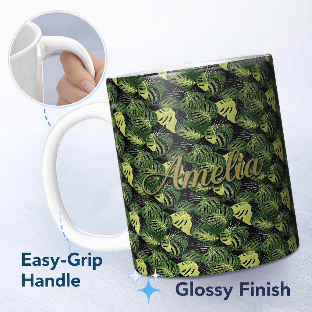 Personalized Custom Name Bold Monstera Leaves on Black Background Tropical Seamless Pattern 11oz Ceramic Coffee Tea Mug White Large Handle
