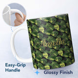 Personalized Custom Name Bold Monstera Leaves on Black Background Tropical Seamless Pattern 11oz Ceramic Coffee Tea Mug White Large Handle