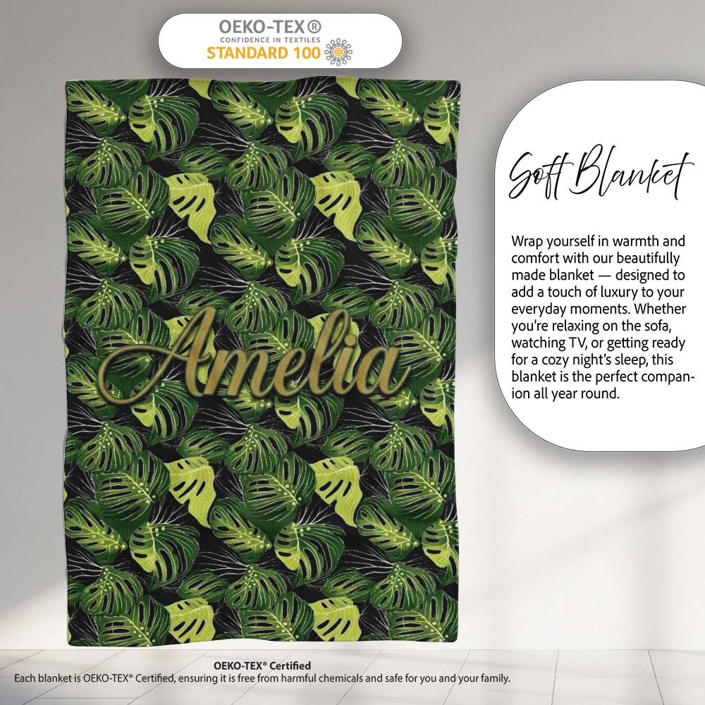 Bold Monstera Leaves on Black Background Tropical Seamless Pattern  Personalised Custom Name Super Soft Fleece Blanket Bed Sofa Throw