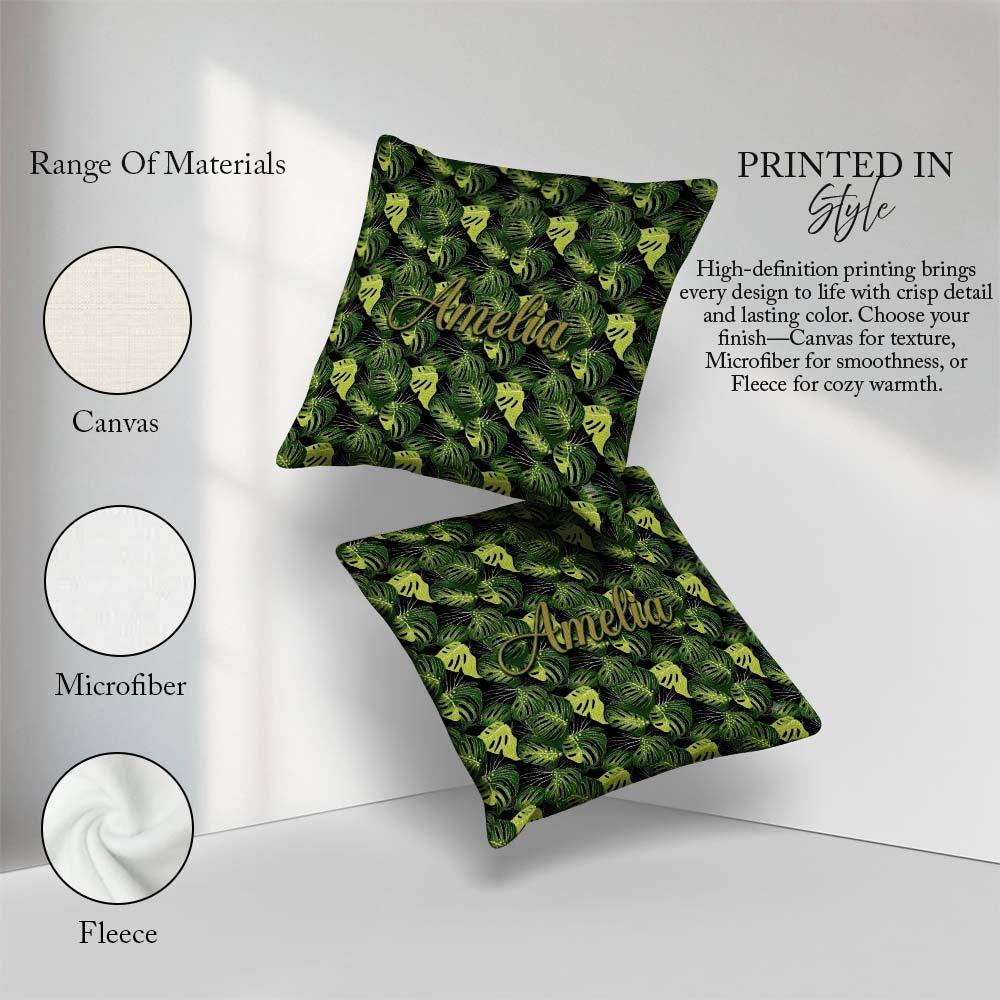 Custom Name Bold Monstera Leaves on Background Tropical Seamless Square Filled Cushion Throw Pillow Sofa Bed Home Decor Zip Washable UK Made