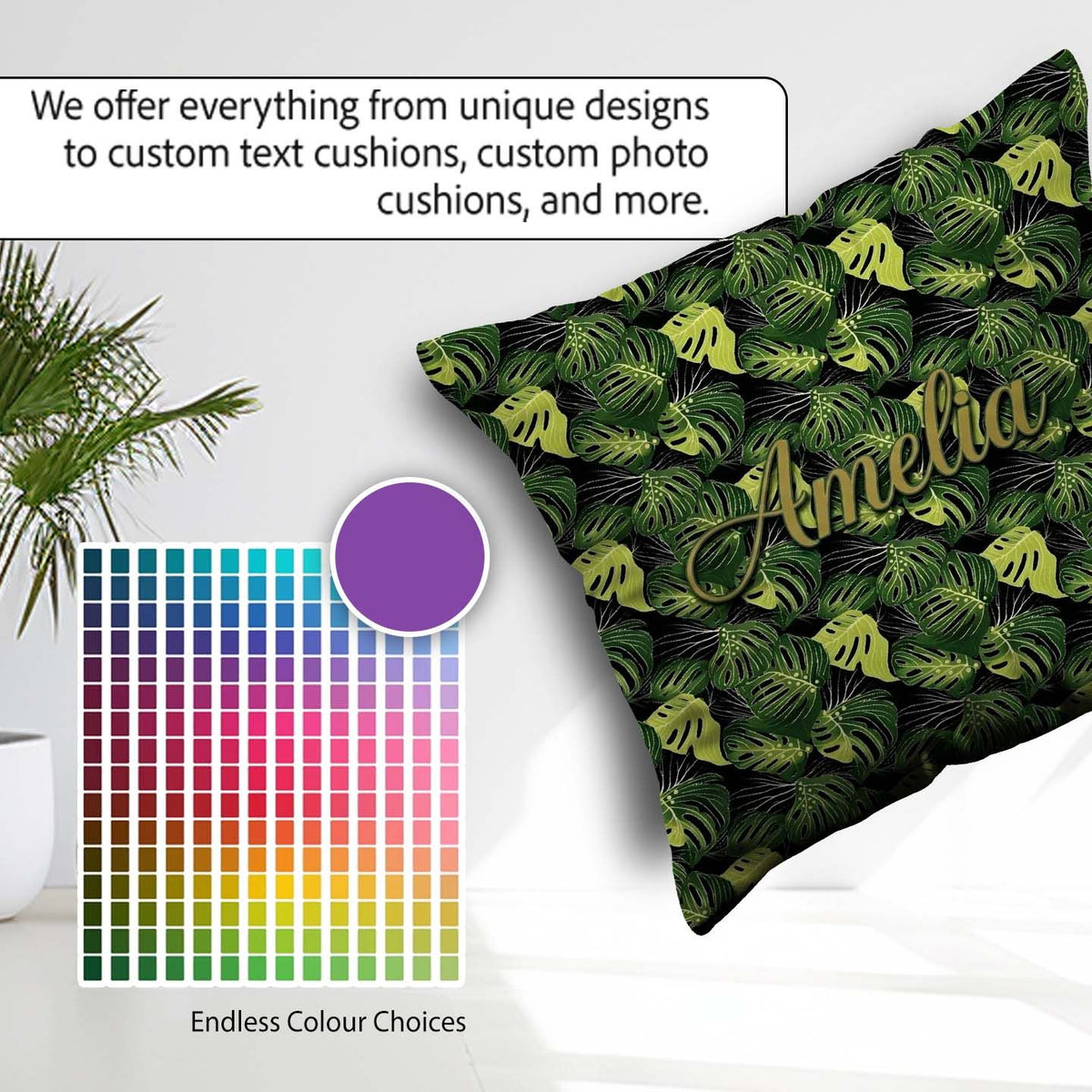 Custom Name Bold Monstera Leaves on Background Tropical Seamless Square Filled Cushion Throw Pillow Sofa Bed Home Decor Zip Washable UK Made