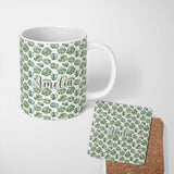 Personalized Custom Name Watercolor Monstera Leaves on White Background Seamless Pattern 11oz Ceramic Coffee Tea Mug White Large Handle