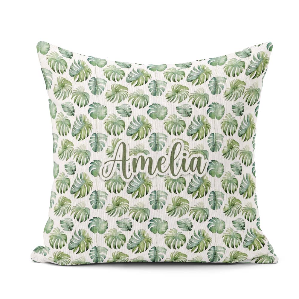 Custom Name Watercolor Monstera Leaves on White Seamless Pattern Square Filled Cushion Throw Pillow Sofa Bed Home Decor Zip Washable UK Made