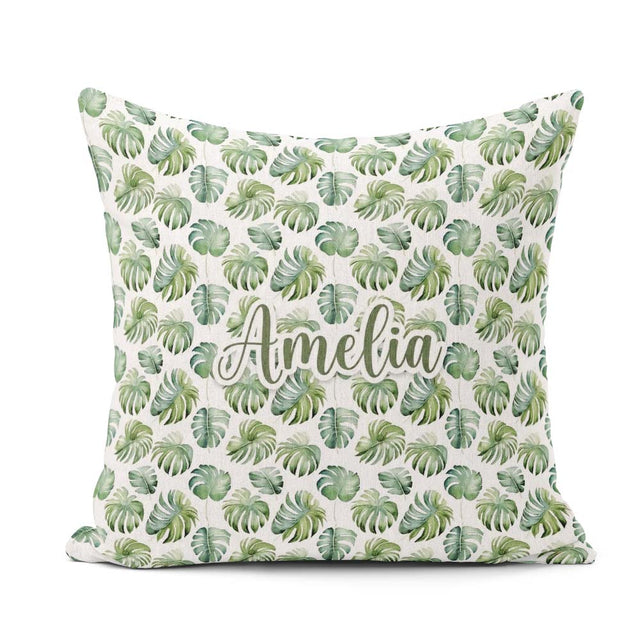 Custom Name Watercolor Monstera Leaves on White Seamless Pattern Square Filled Cushion Throw Pillow Sofa Bed Home Decor Zip Washable UK Made
