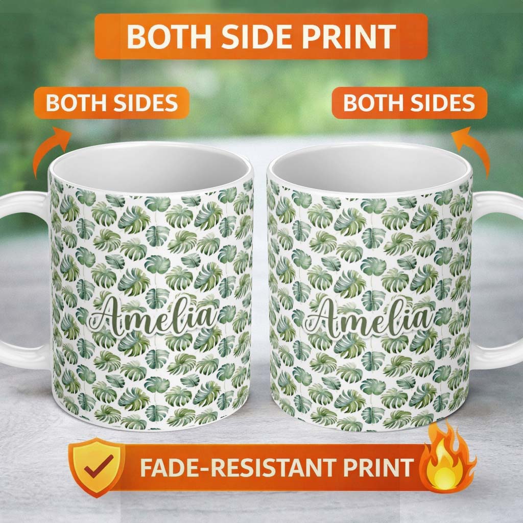 Personalized Custom Name Watercolor Monstera Leaves on White Background Seamless Pattern 11oz Ceramic Coffee Tea Mug White Large Handle
