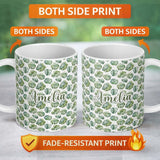 Personalized Custom Name Watercolor Monstera Leaves on White Background Seamless Pattern 11oz Ceramic Coffee Tea Mug White Large Handle