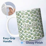 Personalized Custom Name Watercolor Monstera Leaves on White Background Seamless Pattern 11oz Ceramic Coffee Tea Mug White Large Handle