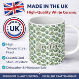 Personalized Custom Name Watercolor Monstera Leaves on White Background Seamless Pattern 11oz Ceramic Coffee Tea Mug White Large Handle