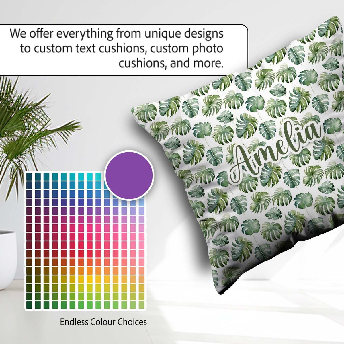 Custom Name Watercolor Monstera Leaves on White Seamless Pattern Square Filled Cushion Throw Pillow Sofa Bed Home Decor Zip Washable UK Made