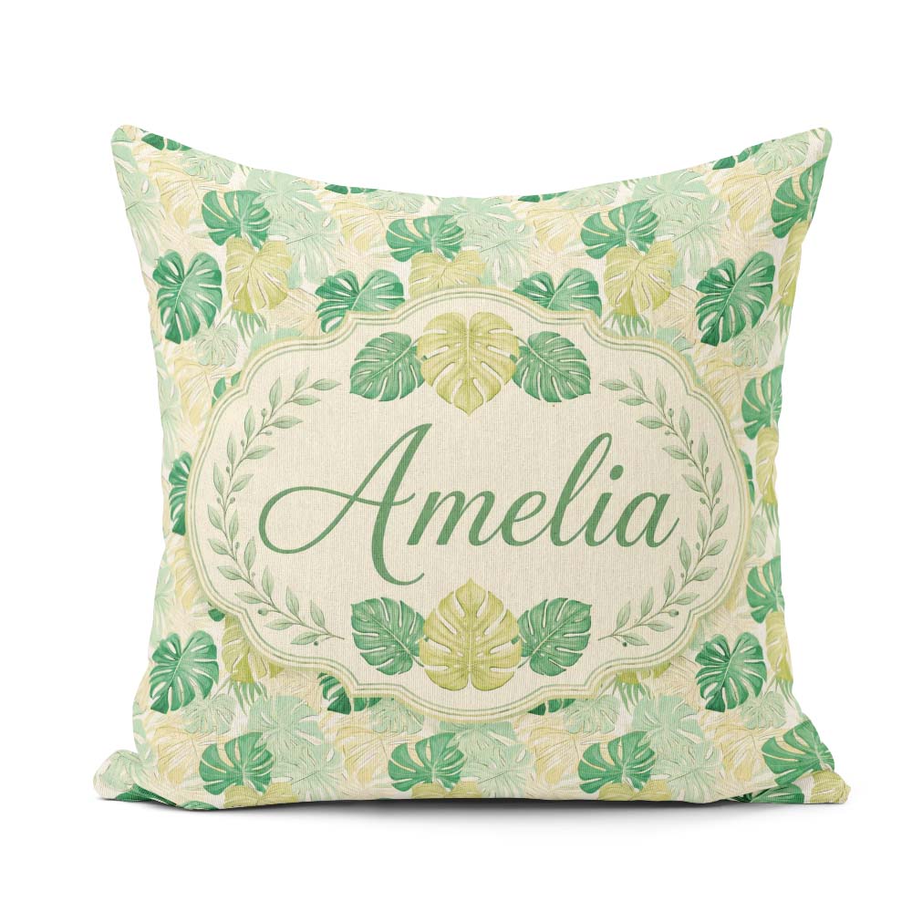 Custom Name Soft Pastel Tropical Monstera on Background Seamless Square Filled Cushion Throw Pillow Sofa Bed Home Decor Zip Washable UK Made