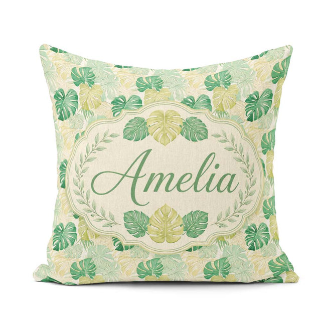 Custom Name Soft Pastel Tropical Monstera on Background Seamless Square Filled Cushion Throw Pillow Sofa Bed Home Decor Zip Washable UK Made