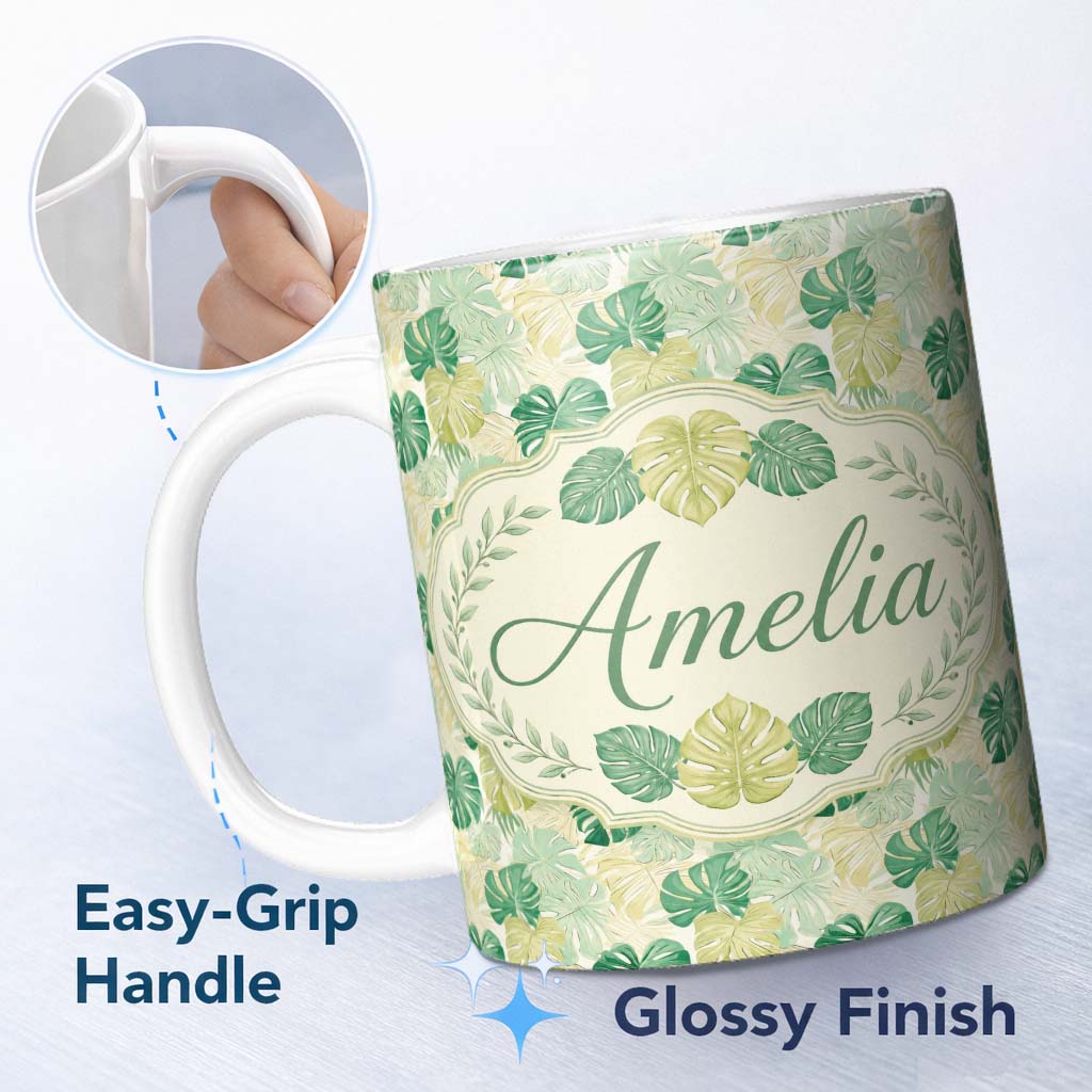 Personalized Custom Name Soft Pastel Tropical Monstera Leaves on Cream Background Seamless 11oz Ceramic Coffee Tea Mug White Large Handle