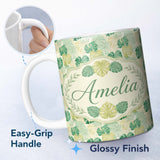 Personalized Custom Name Soft Pastel Tropical Monstera Leaves on Cream Background Seamless 11oz Ceramic Coffee Tea Mug White Large Handle