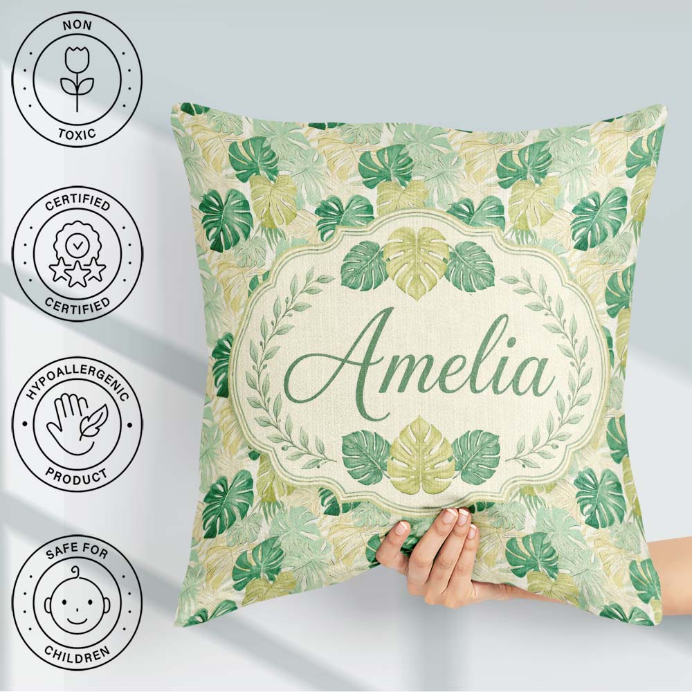 Custom Name Soft Pastel Tropical Monstera on Background Seamless Square Filled Cushion Throw Pillow Sofa Bed Home Decor Zip Washable UK Made