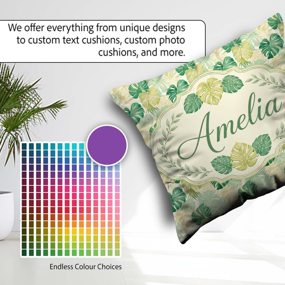 Custom Name Soft Pastel Tropical Monstera on Background Seamless Square Filled Cushion Throw Pillow Sofa Bed Home Decor Zip Washable UK Made