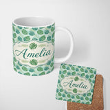 Personalized Custom Name Green Monstera Leaves with Subtle Palm Background Seamless Pattern 11oz Ceramic Coffee Tea Mug White Large Handle