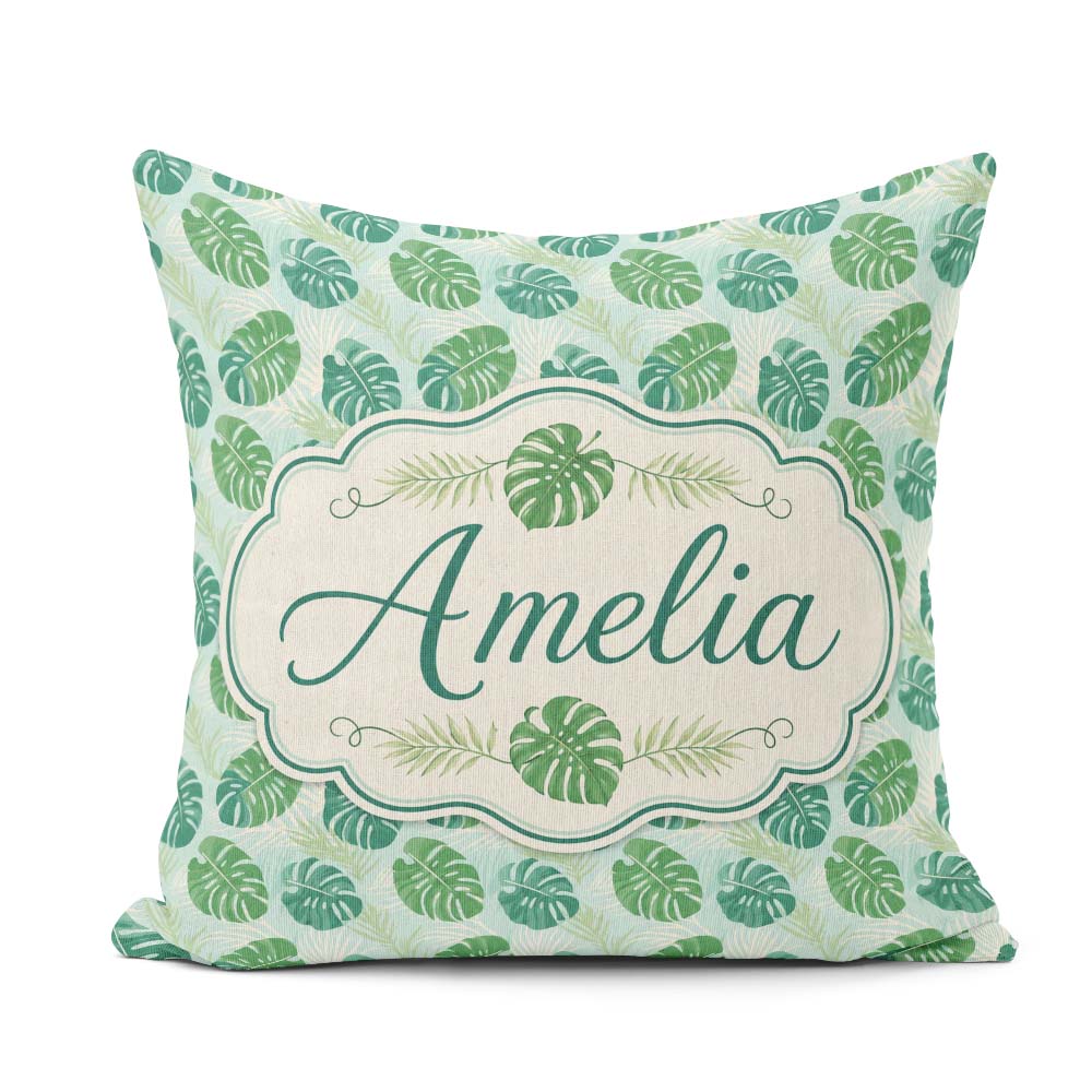 Custom Name Monstera Leaves with Subtle Palm Background Seamless Square Filled Cushion Throw Pillow Sofa Bed Home Decor Zip Washable UK Made