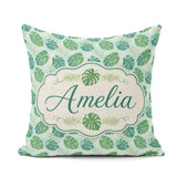 Custom Name Monstera Leaves with Subtle Palm Background Seamless Square Filled Cushion Throw Pillow Sofa Bed Home Decor Zip Washable UK Made