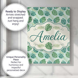 Personalised Name Green Monstera Leaves Custom  Modern Room Accent Elegant Feature Canvas Wall Art Print Decor Picture Ready to Hang