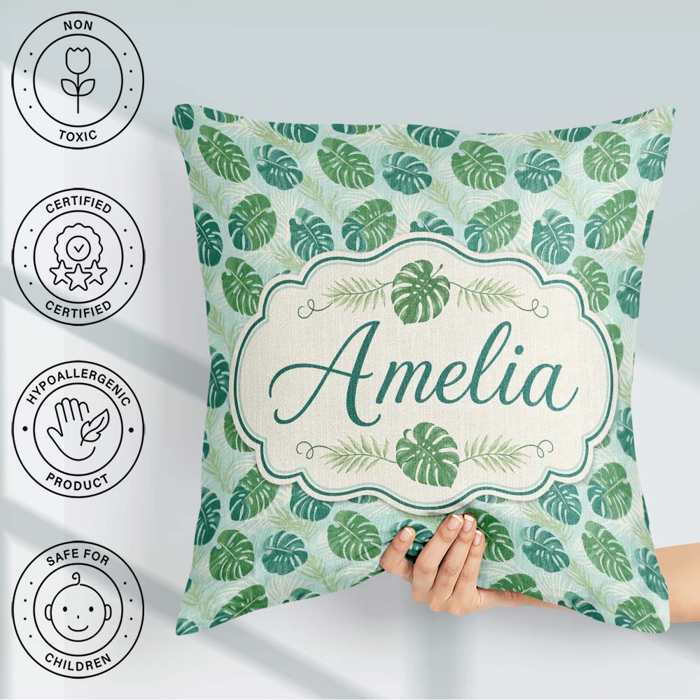 Custom Name Monstera Leaves with Subtle Palm Background Seamless Square Filled Cushion Throw Pillow Sofa Bed Home Decor Zip Washable UK Made