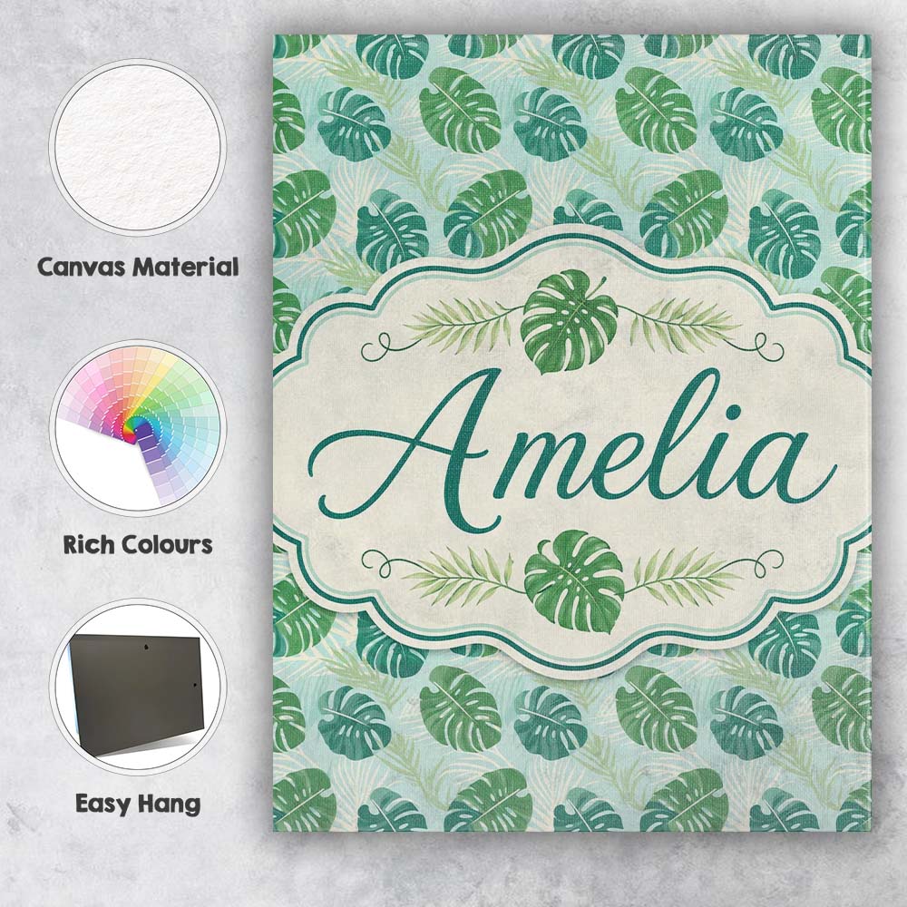 Personalised Name Green Monstera Leaves Custom  Modern Room Accent Elegant Feature Canvas Wall Art Print Decor Picture Ready to Hang
