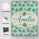 Personalised Name Green Monstera Leaves Custom  Modern Room Accent Elegant Feature Canvas Wall Art Print Decor Picture Ready to Hang
