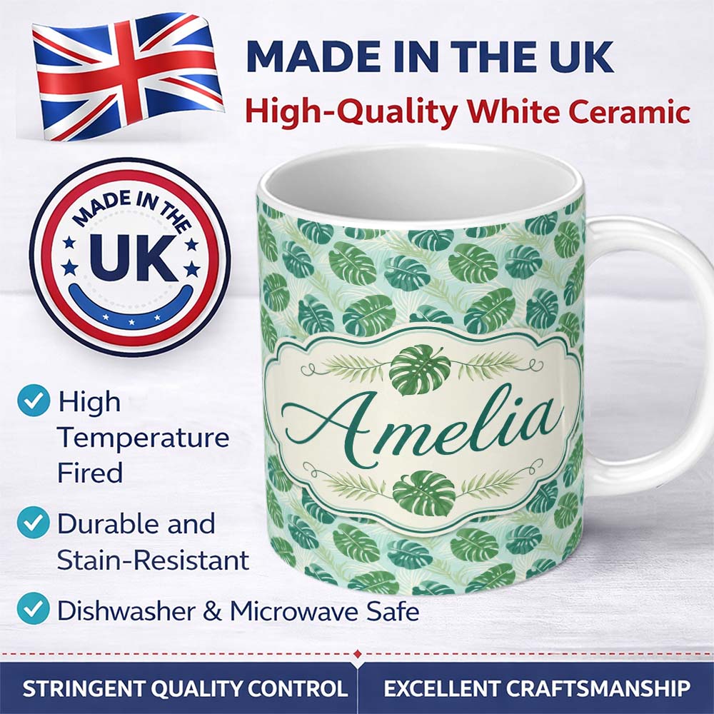 Personalized Custom Name Green Monstera Leaves with Subtle Palm Background Seamless Pattern 11oz Ceramic Coffee Tea Mug White Large Handle