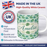 Personalized Custom Name Green Monstera Leaves with Subtle Palm Background Seamless Pattern 11oz Ceramic Coffee Tea Mug White Large Handle