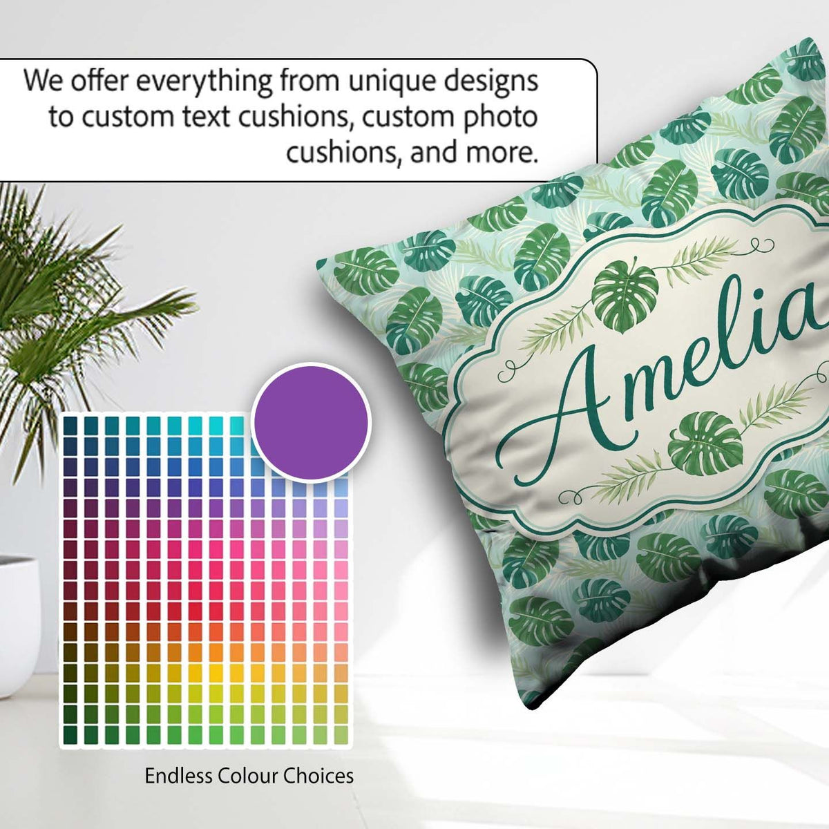 Custom Name Monstera Leaves with Subtle Palm Background Seamless Square Filled Cushion Throw Pillow Sofa Bed Home Decor Zip Washable UK Made