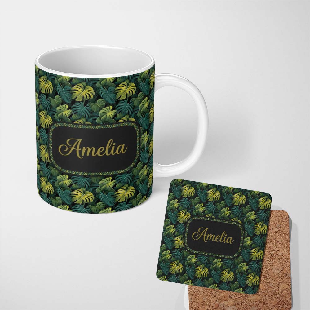 Personalized Custom Name Dark Tropical Monstera Leaves with Yellow Highlights Seamless 11oz Ceramic Coffee Tea Mug White Large Handle