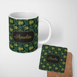 Personalized Custom Name Dark Tropical Monstera Leaves with Yellow Highlights Seamless 11oz Ceramic Coffee Tea Mug White Large Handle
