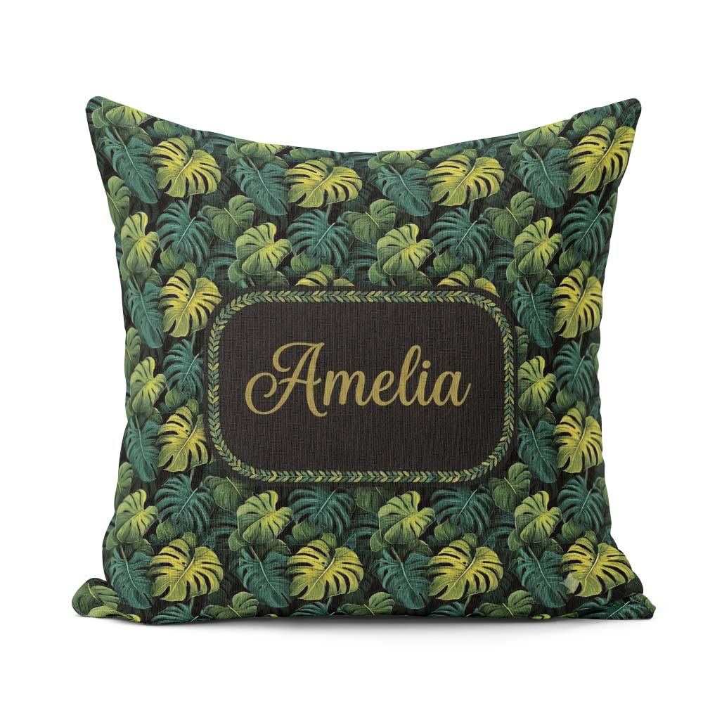 Custom Name Dark Tropical Monstera Leaves with Yellow Highlights Square Filled Cushion Throw Pillow Sofa Bed Home Decor Zip Washable UK Made