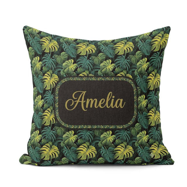 Custom Name Dark Tropical Monstera Leaves with Yellow Highlights Square Filled Cushion Throw Pillow Sofa Bed Home Decor Zip Washable UK Made