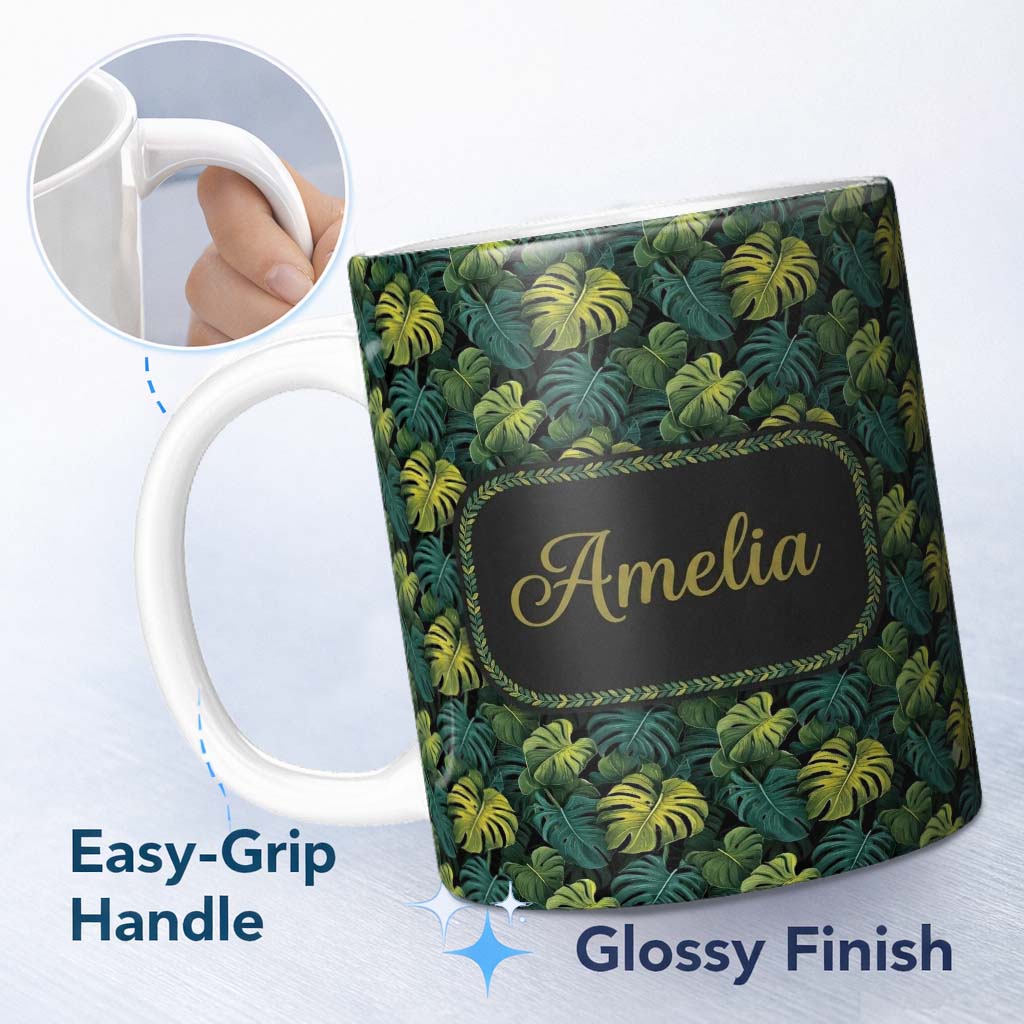 Personalized Custom Name Dark Tropical Monstera Leaves with Yellow Highlights Seamless 11oz Ceramic Coffee Tea Mug White Large Handle