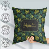 Custom Name Dark Tropical Monstera Leaves with Yellow Highlights Square Filled Cushion Throw Pillow Sofa Bed Home Decor Zip Washable UK Made