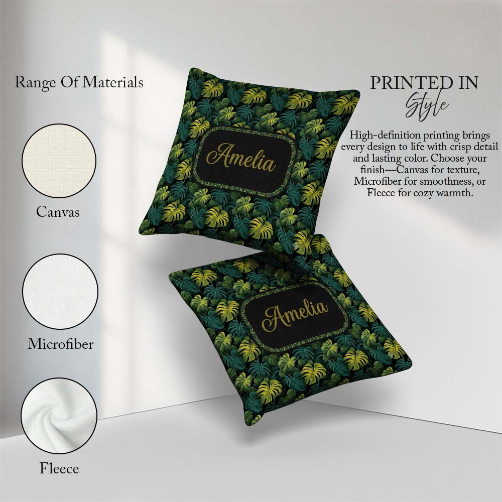 Custom Name Dark Tropical Monstera Leaves with Yellow Highlights Square Filled Cushion Throw Pillow Sofa Bed Home Decor Zip Washable UK Made