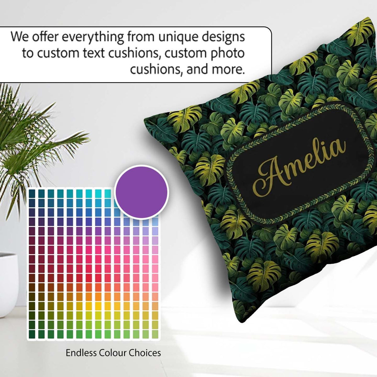 Custom Name Dark Tropical Monstera Leaves with Yellow Highlights Square Filled Cushion Throw Pillow Sofa Bed Home Decor Zip Washable UK Made