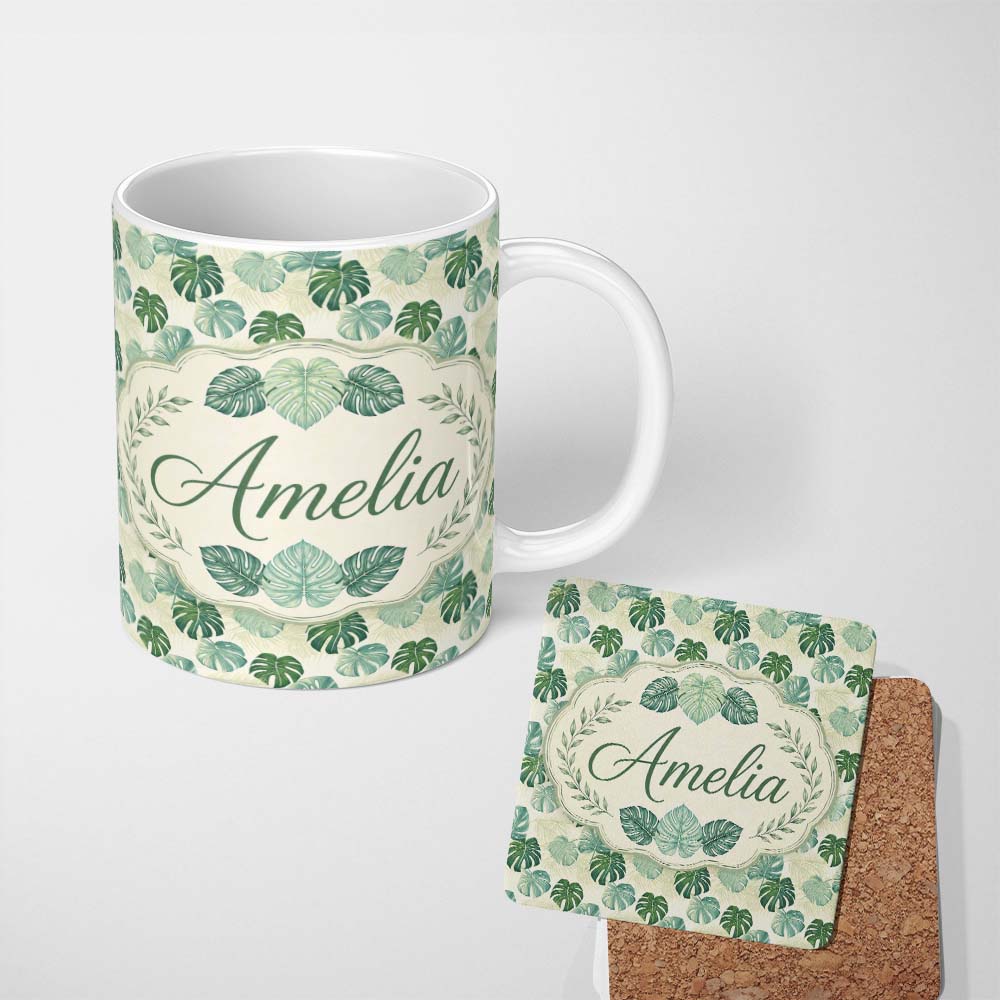 Personalized Custom Name Muted Sage Green Monstera Leaves on Light Background Seamless 11oz Ceramic Coffee Tea Mug White Large Handle