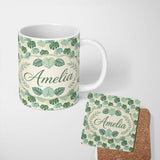 Personalized Custom Name Muted Sage Green Monstera Leaves on Light Background Seamless 11oz Ceramic Coffee Tea Mug White Large Handle