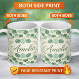 Personalized Custom Name Muted Sage Green Monstera Leaves on Light Background Seamless 11oz Ceramic Coffee Tea Mug White Large Handle