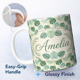Personalized Custom Name Muted Sage Green Monstera Leaves on Light Background Seamless 11oz Ceramic Coffee Tea Mug White Large Handle
