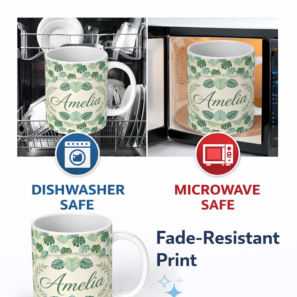 Personalized Custom Name Muted Sage Green Monstera Leaves on Light Background Seamless 11oz Ceramic Coffee Tea Mug White Large Handle